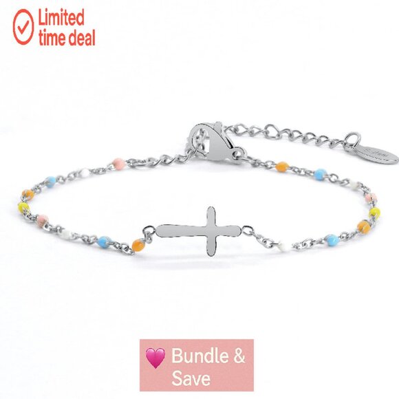 14K Gold Plated Cross Beaded Bracelet Adjustable Stainless Steel Link Chain - Picture 1 of 7